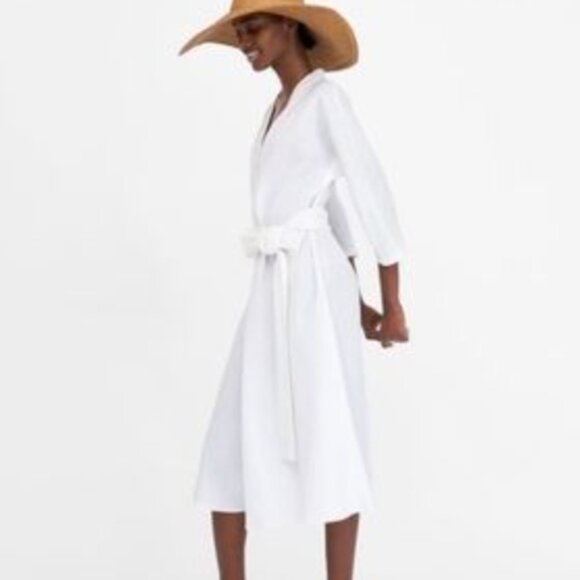 Zara White Three Quarter Sleeve Lightweight Linen Belted Midi Dress sz XS - Picture 11 of 13